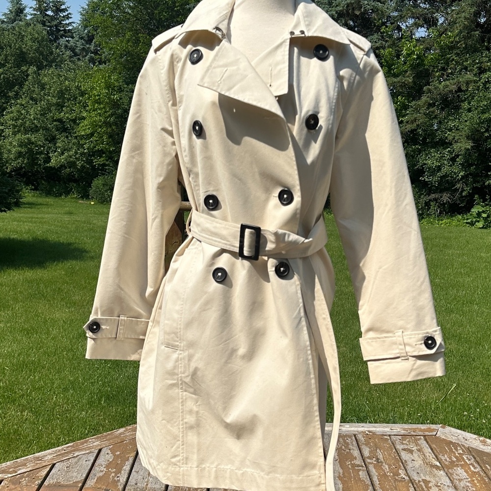 LLBean Trench Double Breasted Off White Med/Pet. Excellent Washable Cotton/Poly - Picture 7 of 12